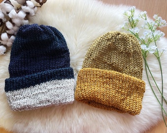 Knitted beanie in blue or yellow  | Winter knitted double layered hat | autumn style | cozy winter hat| men or women