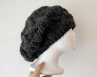 Handknit Cable Slouchy Beanie | Knit Beret | Slouchy Hat in charcoal | Knit beanie in dark grey |  Fluffy cozy winter hat