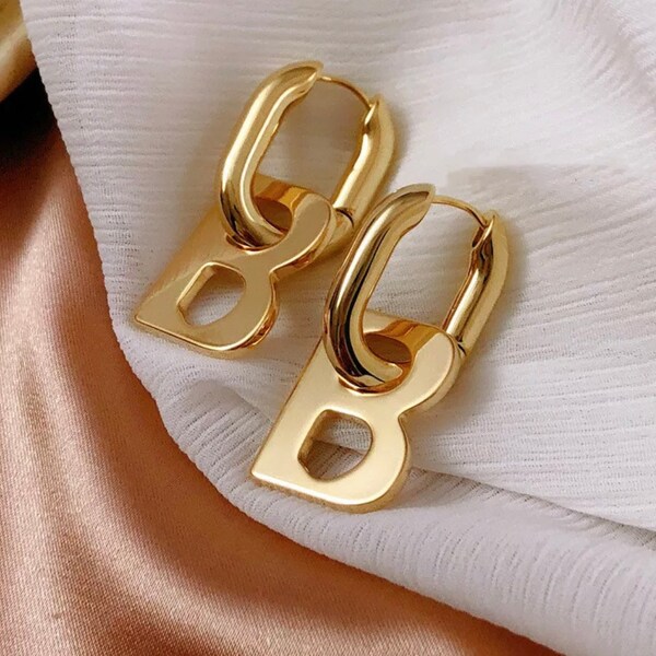 Golden or silver Letter B statement earrings | detachable hoop earrings | golden modern retro earrings