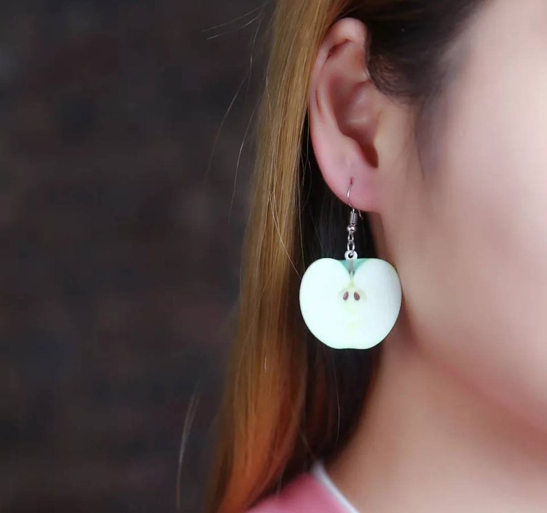 Green apple earrings food earrings art playful earrings gift for her fruits earrings cute kawaii earrings