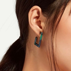 Emerald green Acetate Hoop earrings | Resin tortoise shell earrings | open square acrylic art earrings | retro fun pop colourful