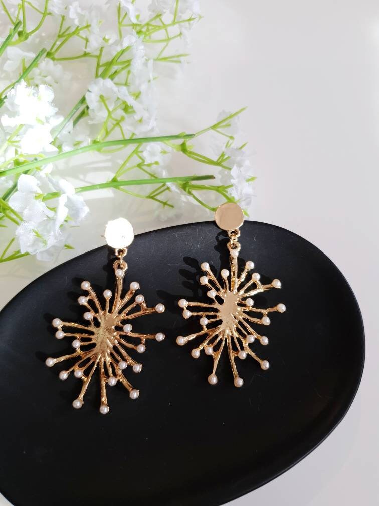 Dandelion Flower Gold statement earrings with pearl dangle | Etsy