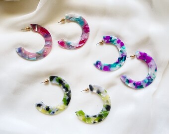 oversize statement earrings colourful acetate terrazzo mosaic Multicolour Tortoise shell Hoop earrings acrylic U shaped earrings