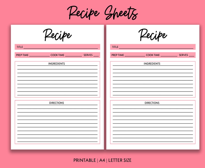 Printable Recipe Sheets Recipe Tracker Etsy
