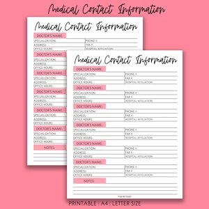 Printable Medical Contact Information Sheet Medical Contacts | Etsy
