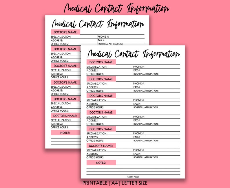 Printable Medical Contact Information Sheet Medical Contacts | Etsy
