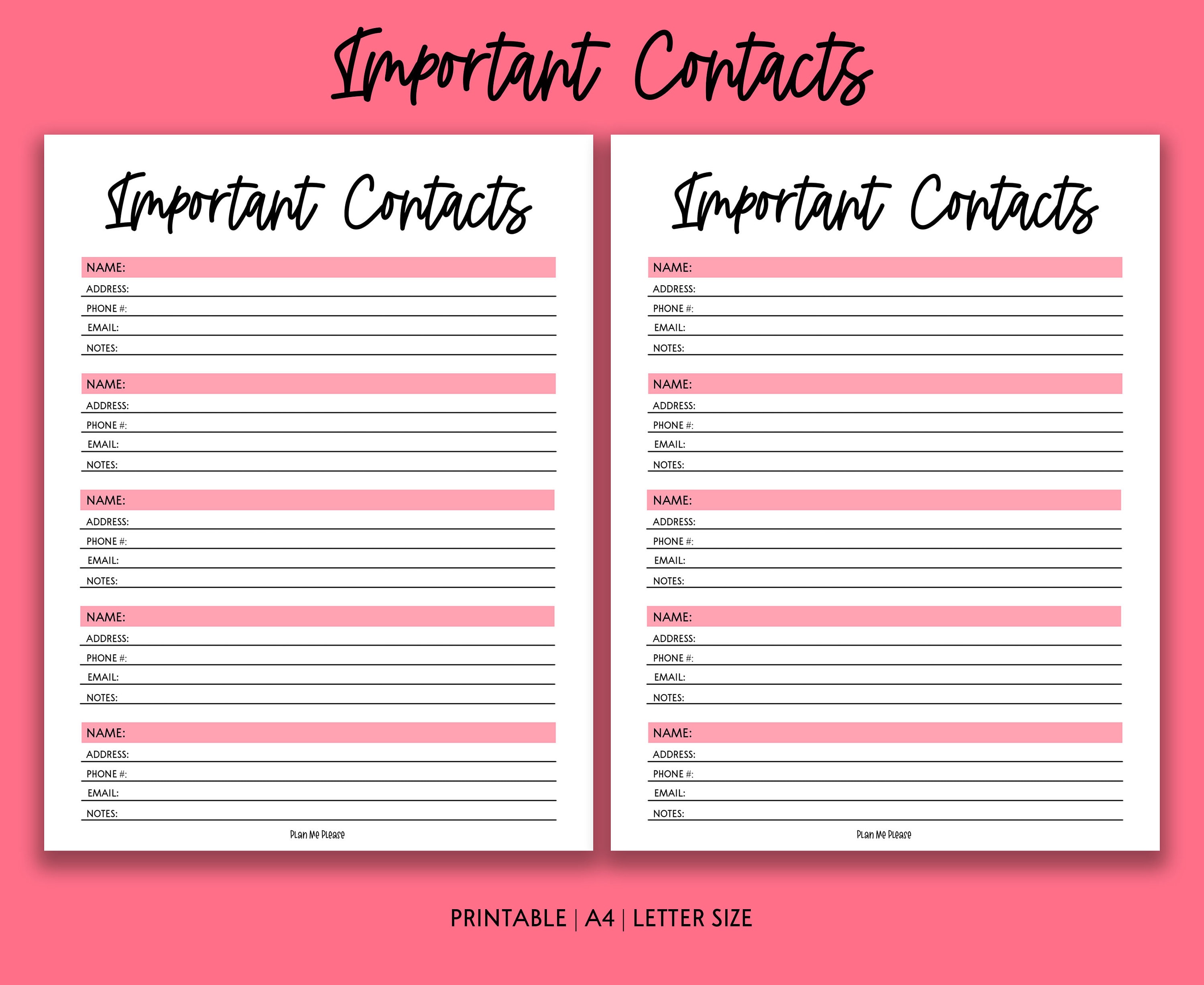 Important Contacts Sheet Printable Important Contacts List Etsy