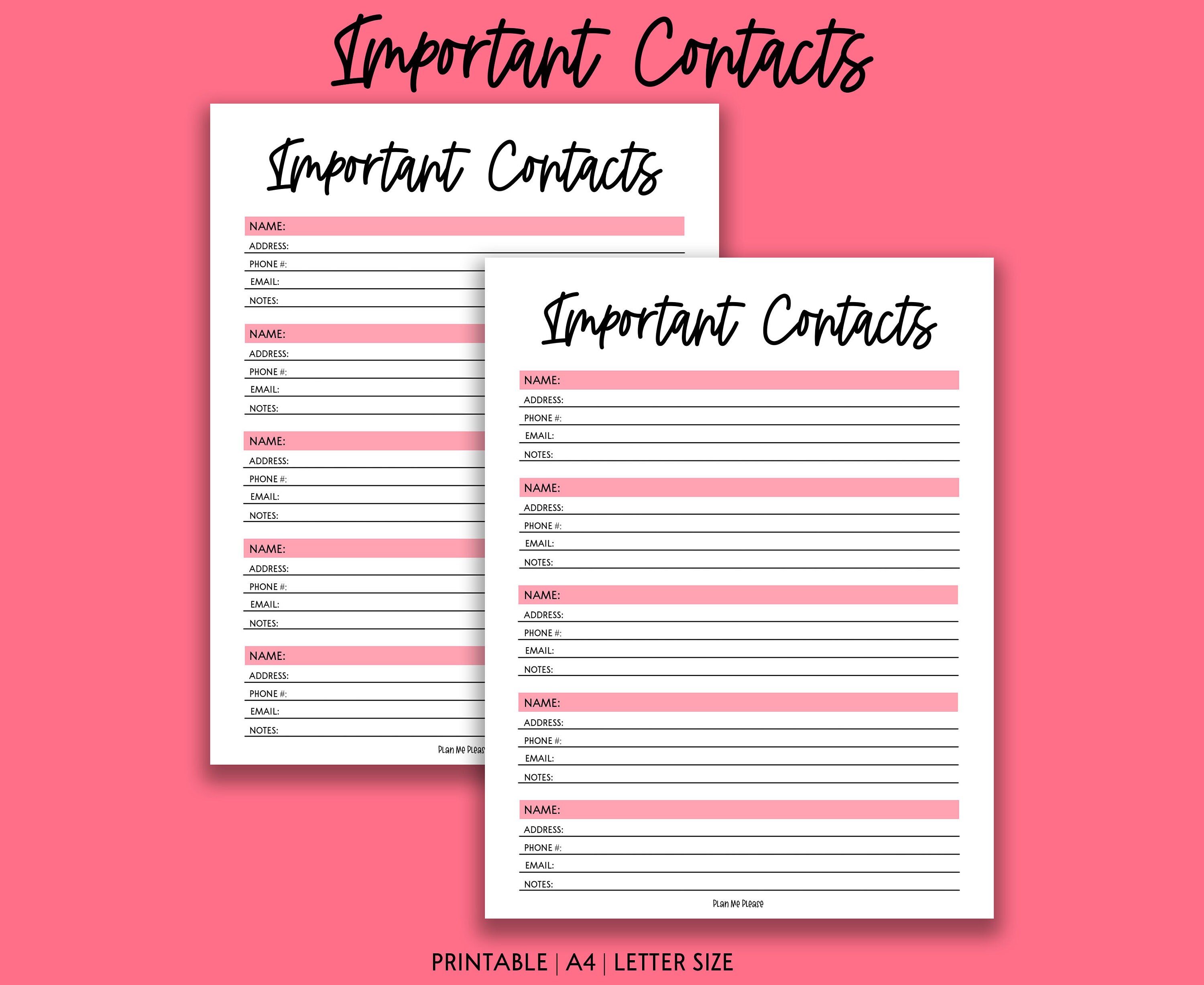 Important Contacts Sheet Printable Important Contacts List Etsy