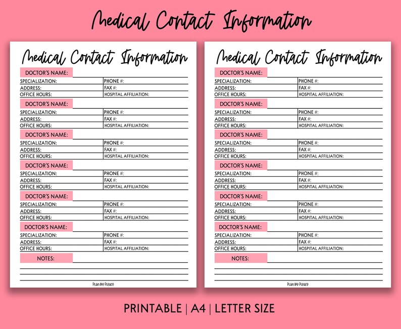 Printable Medical Contact Information Sheet Medical Contacts - Etsy