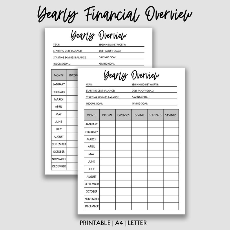 Yearly Financial Goal Overview Printable Yearly Financial Etsy
