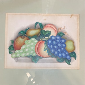 May include: A still life painting of fruit, including a pear, apples, peaches, and grapes. The fruit is arranged on a table and painted in a realistic style.