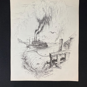 May include: A black and white pen and ink drawing of a steamboat on a river. The steamboat is in the foreground, with a dock and a bridge in the background. The drawing is signed "Joe Bowman".