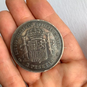 1850s Spanish coin 5 pesetas made into lapel pin
