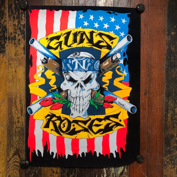91年LA購入GunsN'Rosesビンテージ夜光ベルベットプリント手刷ポスター Vintage Felt Blacklight Guns N Roses Poster - Etsy