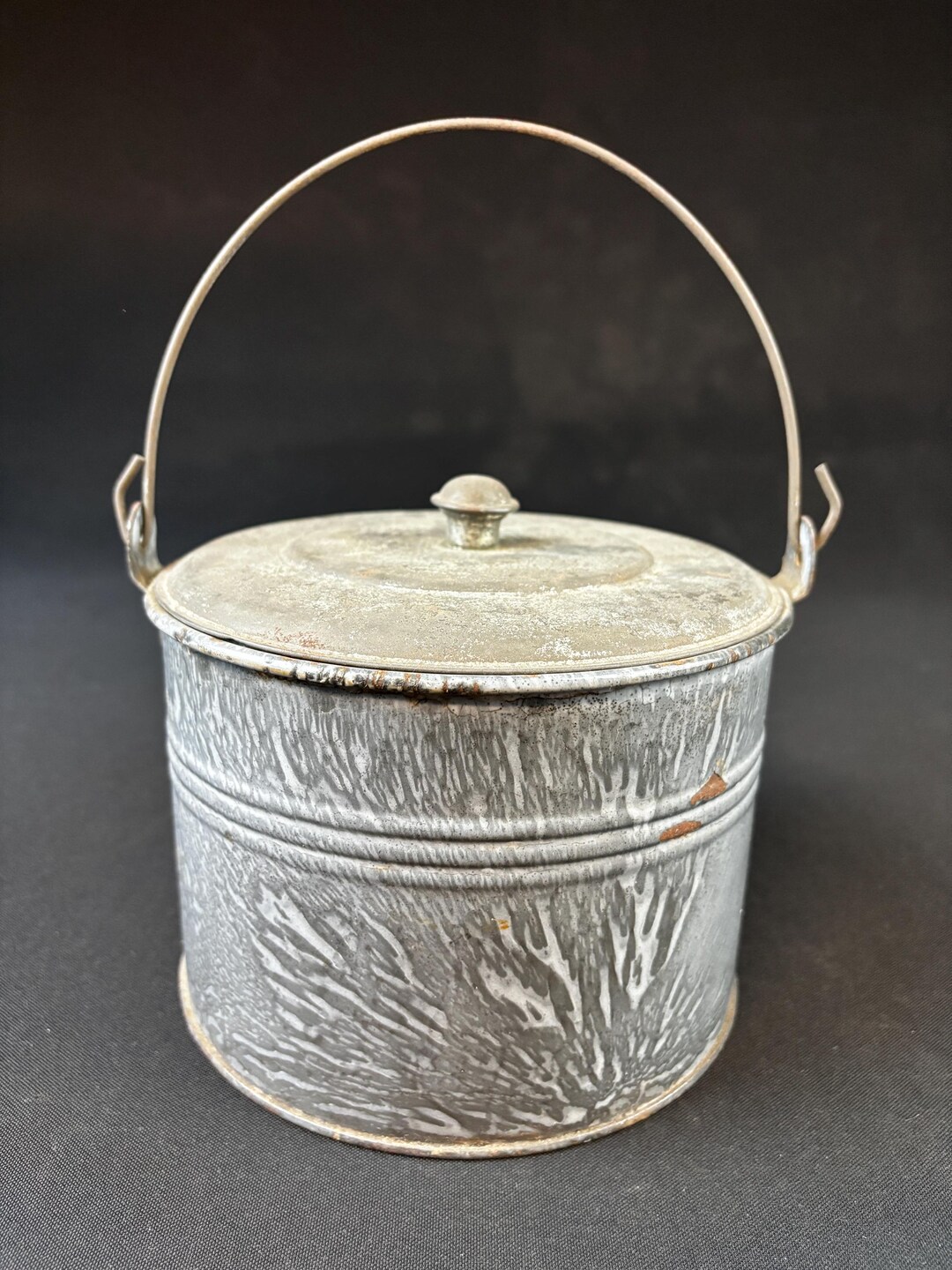 Vintage Gray Enamelware Berry Bucket/lunch Pail With Lid & Bail Handle ...