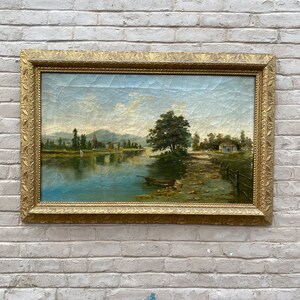 Large Victorian Oil on Canvas Landscape Painting in Victorian Frame