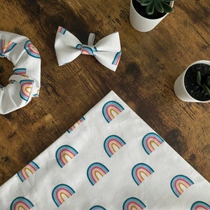 Dog Bandana with matching Scrunchie and bowtie, rainbow pattern, Summer, Puppy gift, Pet bandana