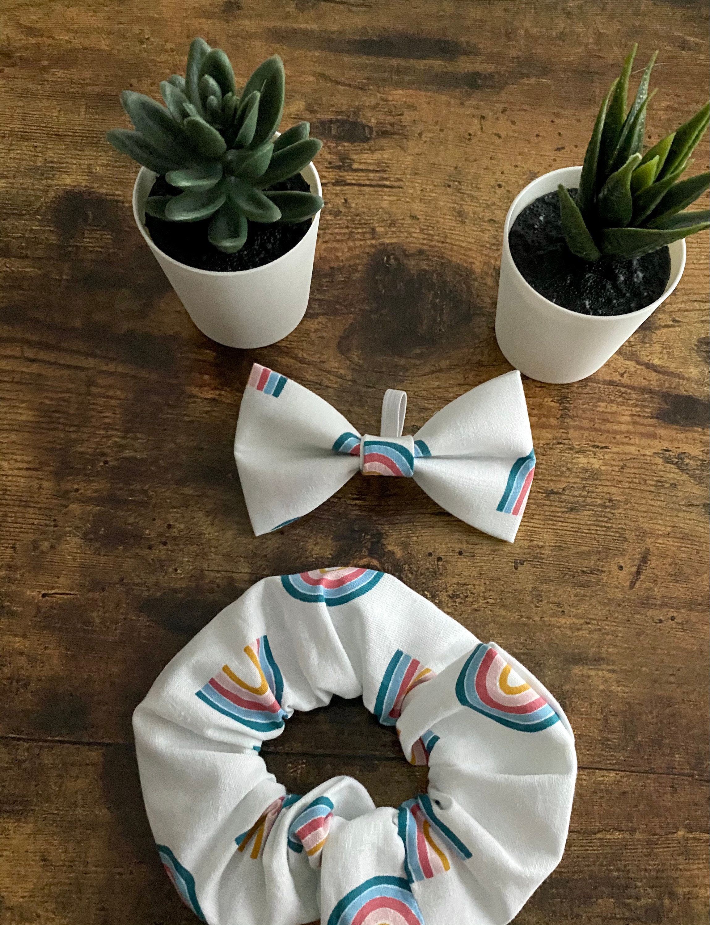 Dog Bandana with matching Scrunchie and bowtie, rainbow pattern, Summer