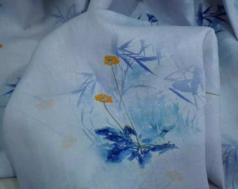 Pure 100% Ramie Fabric Little Yellow Blue Floral On Pale Blue For Summer Dress Curtain Cushion- 1/2 yard