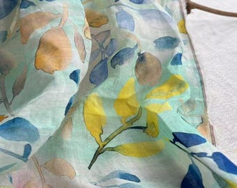 Thin 100% Ramie Fabric Watercolour Painting Style Leaves Ramie For Summer Dress Blouse