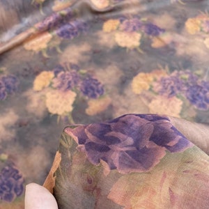 100% Ramie Fabric Dark Purple Peony Floral Ramie For Dress Curtain- 1/2 yard