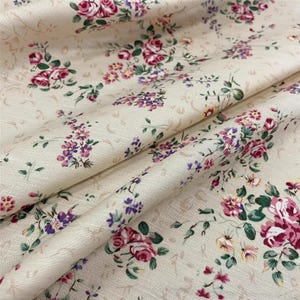 100% Linen Fabric Vintage Pink Rose Floral On Beige Linen For Dress Curtain- 1/2 yard