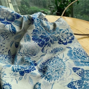Blue and White Flower Linen Blend Fabric Vintage Styles- 1/2 yard