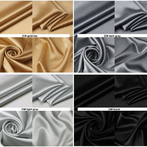 May include: Four swatches of fabric in different colors: gold tan, dark gray, light gray, and black. Each swatch is folded in thirds and shows the fabric's texture and sheen.