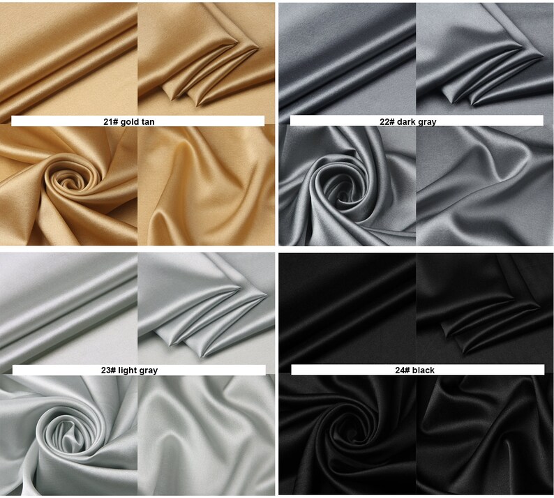 May include: Four swatches of fabric in different colors: gold tan, dark gray, light gray, and black. Each swatch is folded in thirds and shows the fabric's texture and sheen.