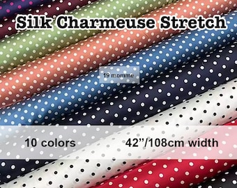 10 Colors- Polka Dots Silk Stretch Charmeuse Satin Fabric 19 Momme 42"/108cm width