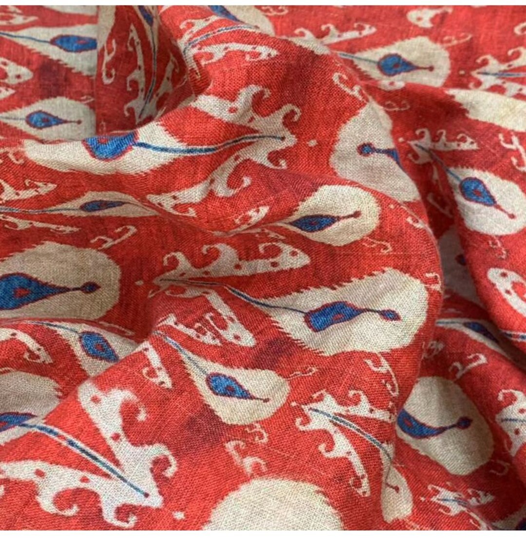 Pure Linen Fabric Vintage Style Blue Floral on Red Linen Fabric for