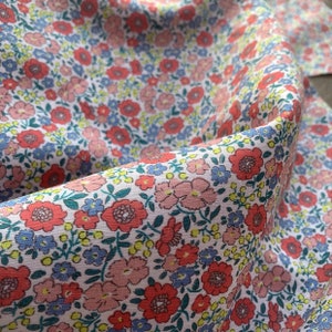 Red Pink Floral Linen Blend Fabric- Fabric by 1/2 yard