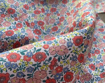 Red Pink Floral Linen Blend Fabric- Fabric by 1/2 yard