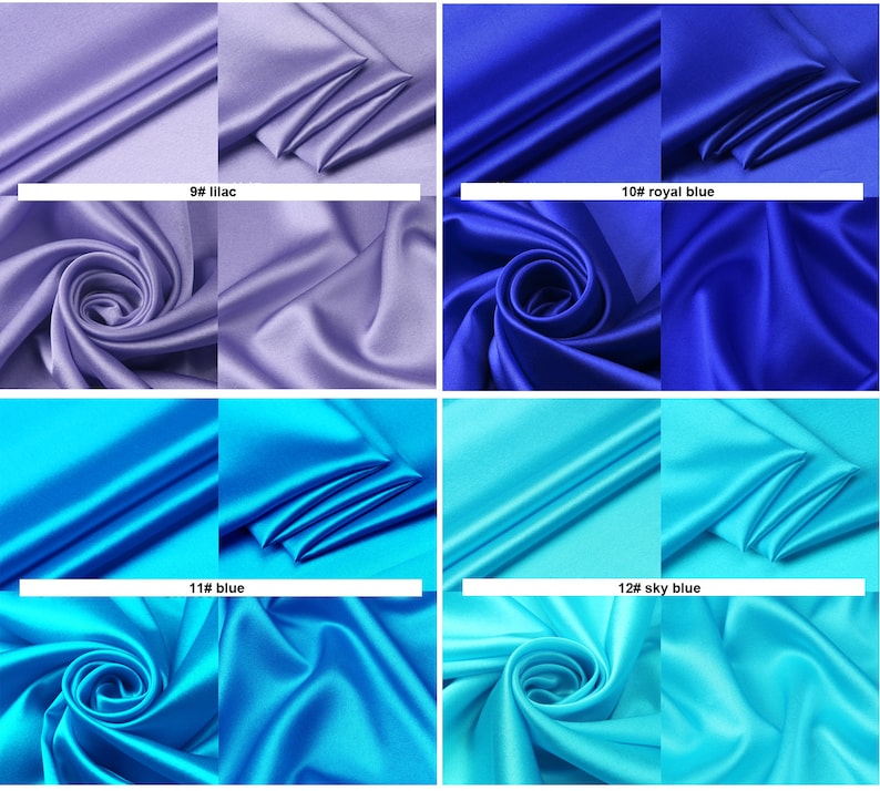 May include: Four swatches of satin fabric in different shades of blue and purple. The swatches are arranged in a grid pattern. The top left swatch is lilac, the top right swatch is royal blue, the bottom left swatch is blue, and the bottom right swatch is sky blue. Each swatch has a label with the color name and number.