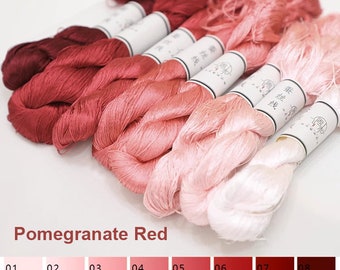 Pure silk thread for embroidery, Pomegranate Red shades Non-Twisted Flat Silk Embroidery Thread, Hand Dyed Embroidery Thread