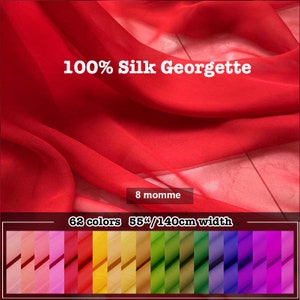 62 Colors- Solid Silk Georgette Fabric 100% Pure Silk 8 Momme 55&quot;/140cm width