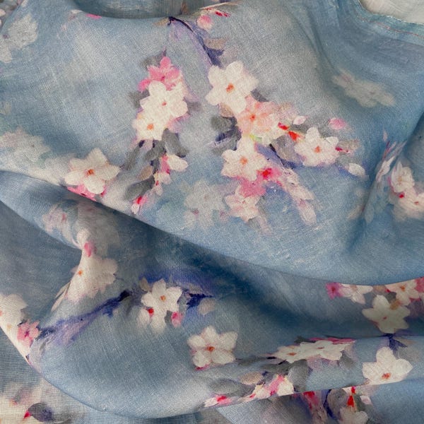 100% Ramie Fabric Little White Flower On Blue Ramie For Summer Dress Blouse