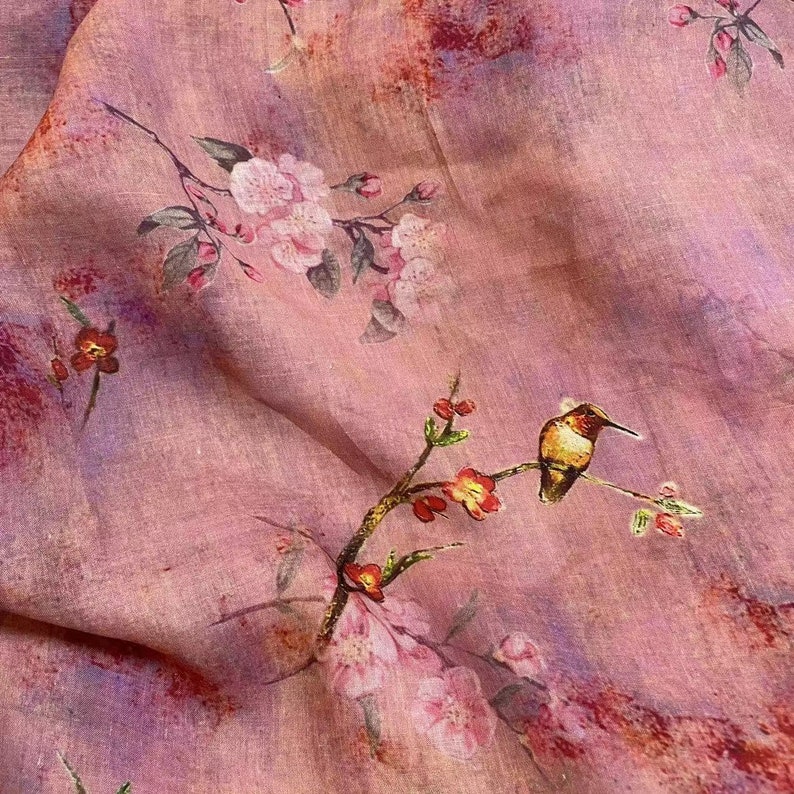 100% Ramie Fabric Plum Blossom Floral Birds On Dirty Pink For Summer Dress image 3