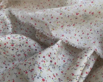 Tiny Red Flower Linen Blend Fabric Vintage Red Floral Linen For Dress Curtain- 1/2 yard