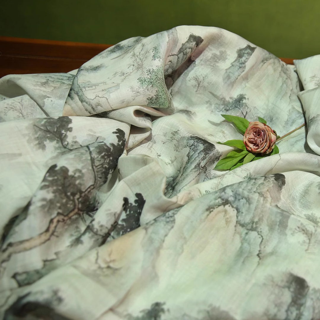 100% Ramie Fabric Chinese Ink Landscape Painting Ramie for Summer Dress ...