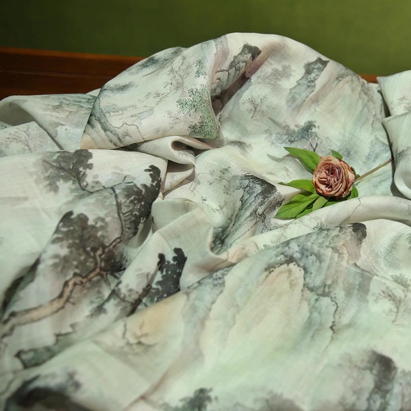 100% Ramie Fabric Chinese Ink Landscape Painting Ramie For Summer Dress Blouse