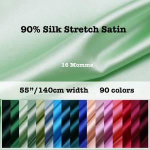 90 Colors- Solid Silk Stretch Satin Charmeuse Fabric 16 Momme 55&quot;/140cm width
