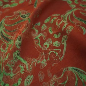 Pure Ramie Vintage Green Flower On Dark Red Ramie Fabric For Fashion Dress Blouse