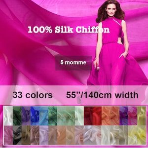 33 Colors- Solid Silk Chiffon  100% Pure Silk 5 Momme 55&quot;/140cm width