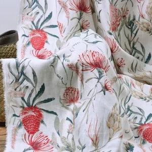 Large Red Protea Cynaroides Flower Linen Cotton Blend Fabric- 1/2 yard