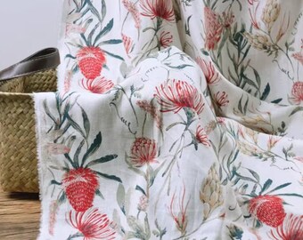 Large Red Protea Cynaroides Flower Linen Cotton Blend Fabric- 1/2 yard
