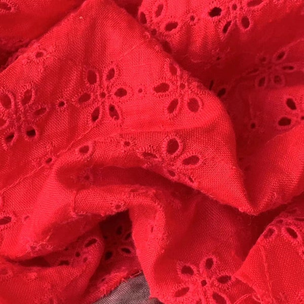 Red Pure Linen Fabric With Embroidered Flower, Eyelet Embroidery Flower Fabric, Dress Blouse Fabric - 1/2 Yard