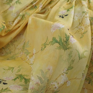 100% Ramie Fabric Pink Hibiscus Mutabilis Floral On Yellow Ramie For Summer Dress Blouse