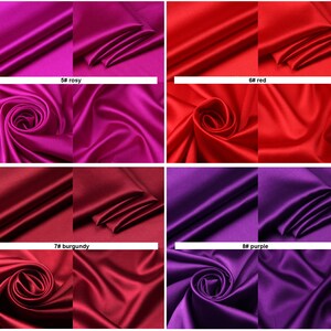 May include: Four swatches of fabric in different shades of red: rosy, red, burgundy, and purple. Each swatch is folded in half and shows the texture of the fabric.