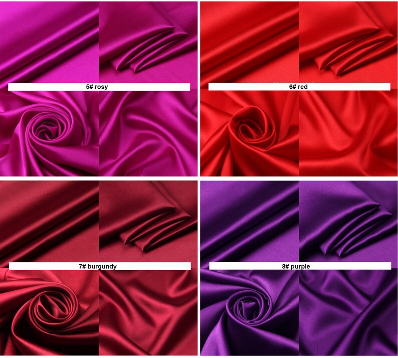 May include: Four swatches of fabric in different shades of red: rosy, red, burgundy, and purple. Each swatch is folded in half and shows the texture of the fabric.